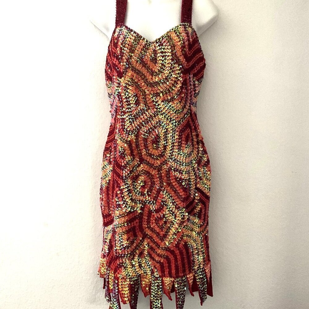 VINTAGE GLAMOUR COSTUMES SHOW CHOIR DRESS - RED & GOLD SEQUIN FRINGE -MID-LENGTH